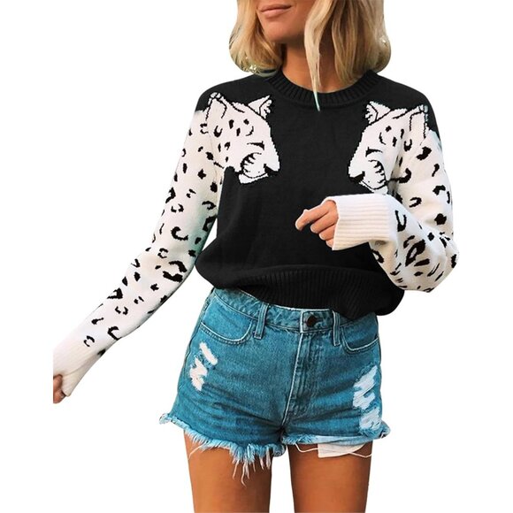 Sweaters - Women's Leopard Print Knitted Pullover Crew Neck Long Sleeve Sweater